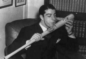 DiMaggio kisses his bat following his great 1941 season.